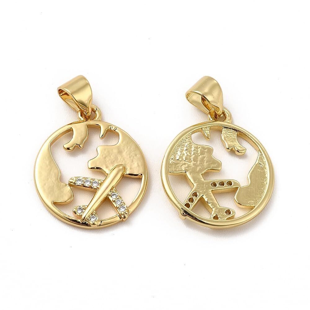 4561 10Pcs Hollow Flat Round Earth Pendants Cubic Zirconia Airplane Map